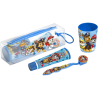 Dětská průhledná taštička s poutkem obsahuje modrý zubní kartáček s krytem s jemnými štětinkami, 75 ml zubní pasta s příchutí jahod a kelímek na kartáček s motivem Paw patrol.